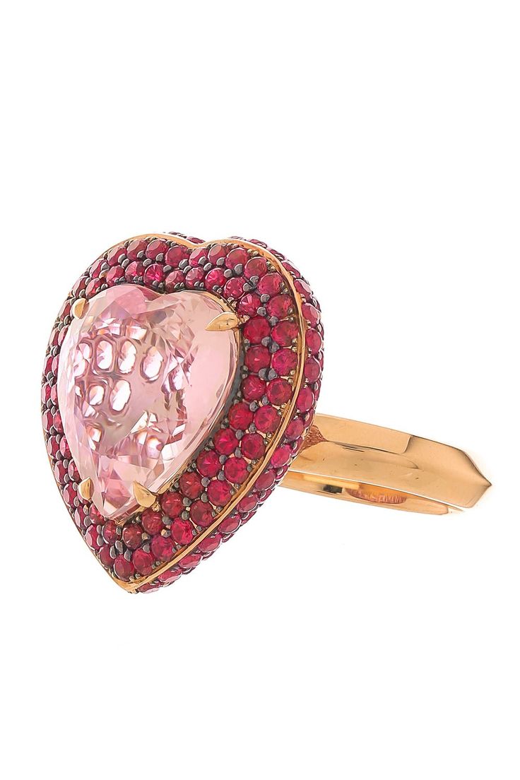 Katherine Jetter morganite heart ring in rose gold. 18K Rose Gold Morganite (9.35ct) Luxury Heart Cut Gemstone Heart Ring, Luxury Heart Cut Gemstone Ring, Luxury Heart Cut Ruby Ring, Luxury Rose Gold Heart Ring For Valentine's Day, Luxury Pink Heart Ring For Anniversary, Luxury Pink Heart Ring For Valentine's Day, Valentine's Day Pink Gold Heart Cut Ring, Luxury Formal Heart Ring With Gemstone, Luxury Heart Ring With Gemstone For Formal Occasions