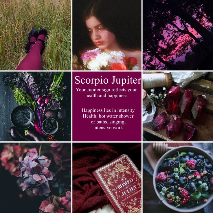 a collage of pictures with flowers, books and other things in it that include the words scorpio jupter