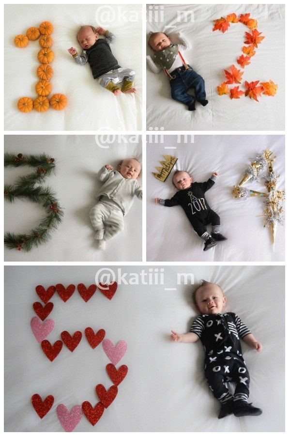 four different pictures of babies laying on the ground with hearts and garlands around them