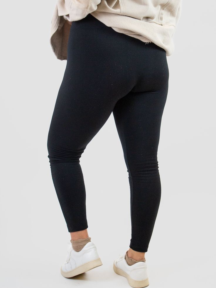 Whether you're dressing up or down, a comfortable set of leggings will do the trick. These fleece leggings have a warmth that will bring a coziness to your outfit and keep you feeling great all day long while doing it. Brushed fleece leggings 5" elastic waistband High waist Generous stretch Soft fabric Solid Footless Leggings For Loungewear, Footless Loungewear Leggings, Footless Leggings For Loungewear, Black Yoga Pants For Fall Loungewear, Cozy Fit Fall Leggings For Loungewear, Comfort Stretch Full-length Loungewear Leggings, Comfort Stretch Full Length Leggings For Loungewear, Tight Leggings For Loungewear, Snug Solid Color Leggings For Loungewear