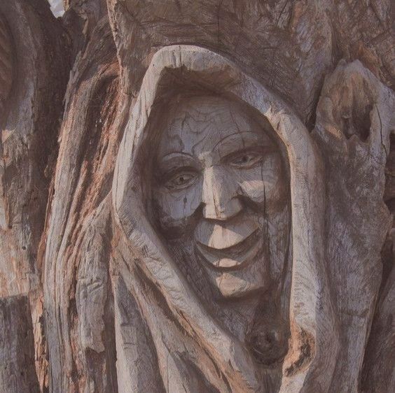 a carved face in the bark of a tree