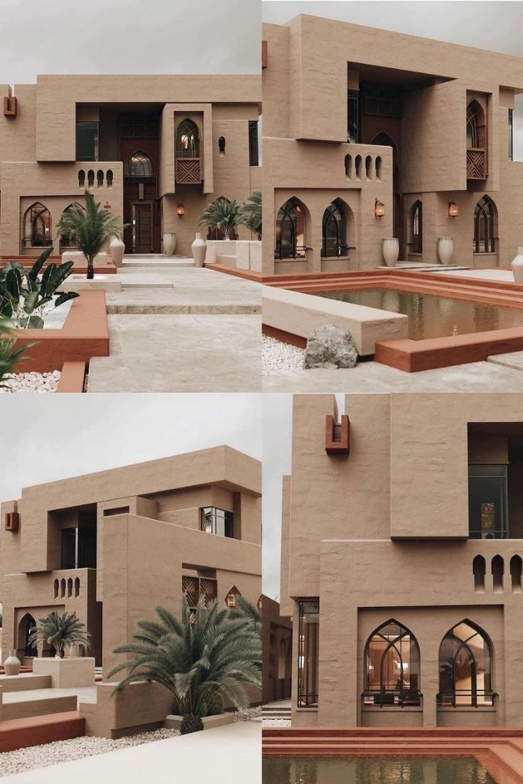 two pictures of the outside of a building with water in it and palm trees on either side