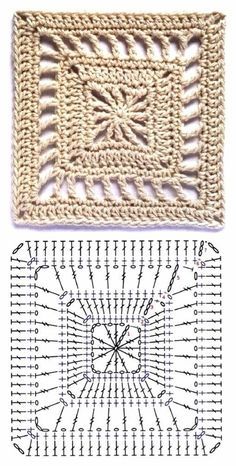 two crocheted squares are shown with the same pattern