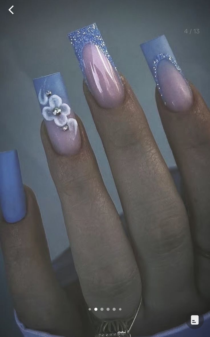 Light Blue Nails With Silver Design, Dust Blue Nails, Dusty Blue Prom Nails, Dusty Blue Nail Ideas, Grey Blue Nails Designs, Grey Sparkly Nails, Dusty Blue Nails Acrylic, Silver Blue Nails, Dusty Blue Nails