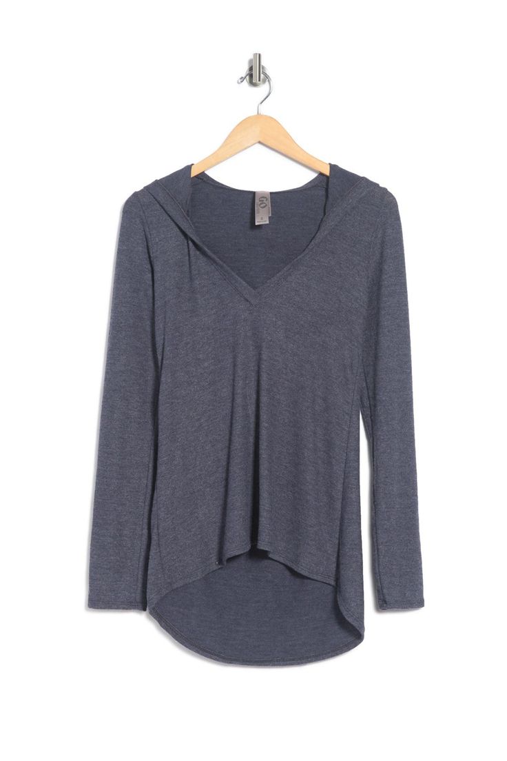 Perfect your casual style with a top cut from comfy knit fabric. Gray Hooded Tops For Layering, Athleisure V-neck Tops For Fall, Fall V-neck Athleisure Tops, Casual V-neck Hoodie For Fall, Fall V-neck Hoodie, Casual Long Sleeve Stretch V-neck Top, Casual Stretch V-neck Top With Long Sleeves, V-neck Long Sleeve Top For Winter Loungewear, Casual Long Sleeve V-neck Top For Loungewear