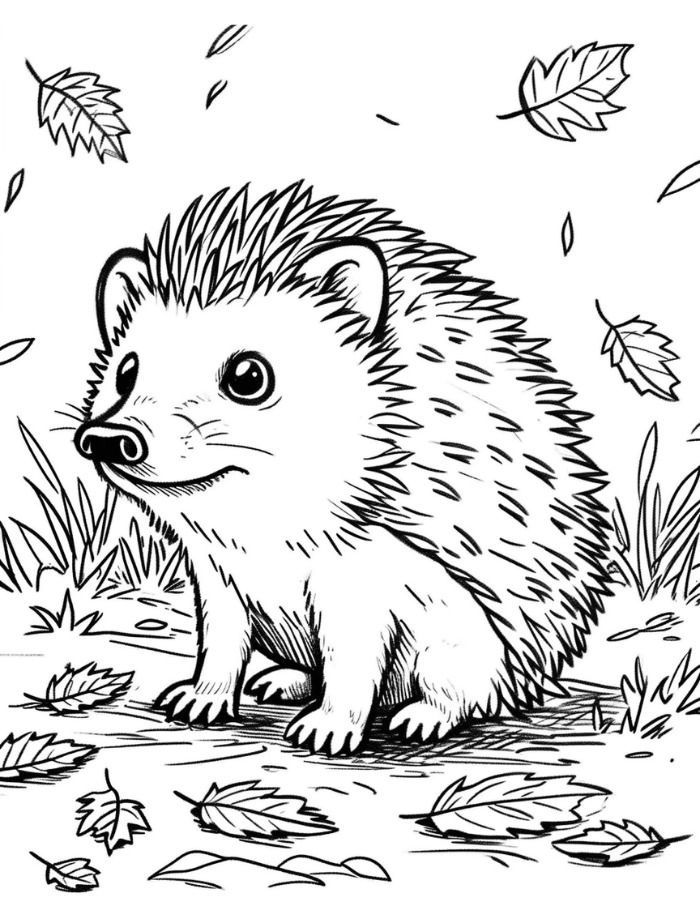 a hedgehog sitting on the ground surrounded by leaves