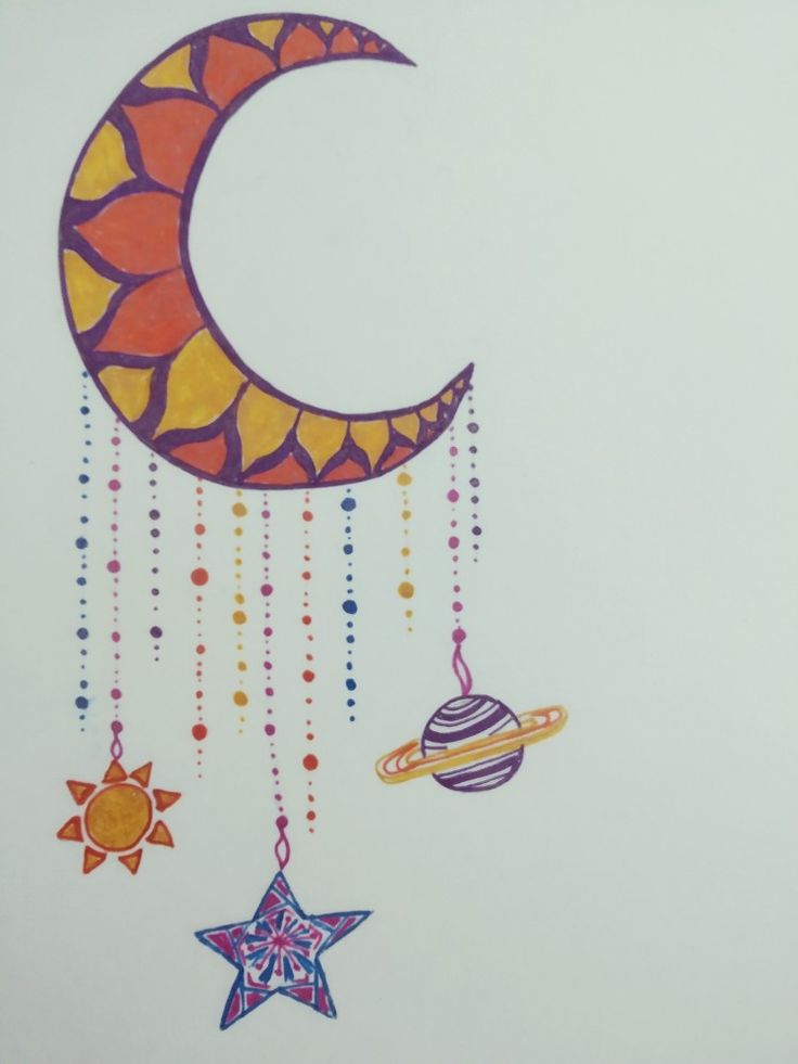 a drawing of the moon and stars hanging from it's side with beads on them