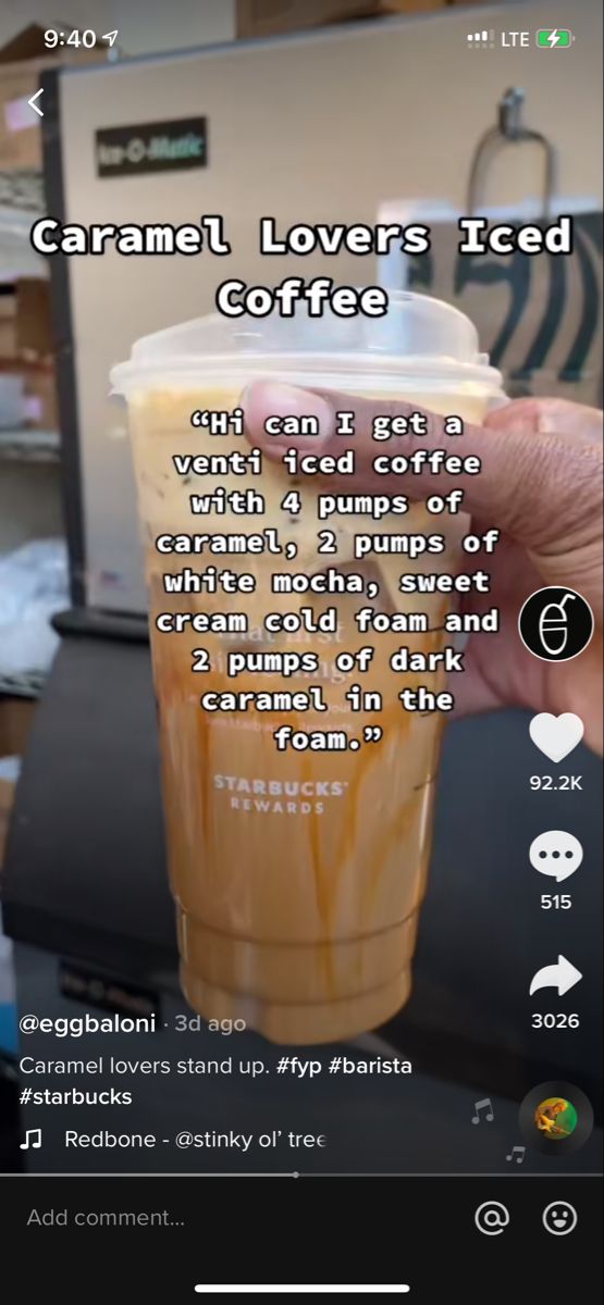 someone is holding up a coffee cup with the caption, caramel lover's iced coffee