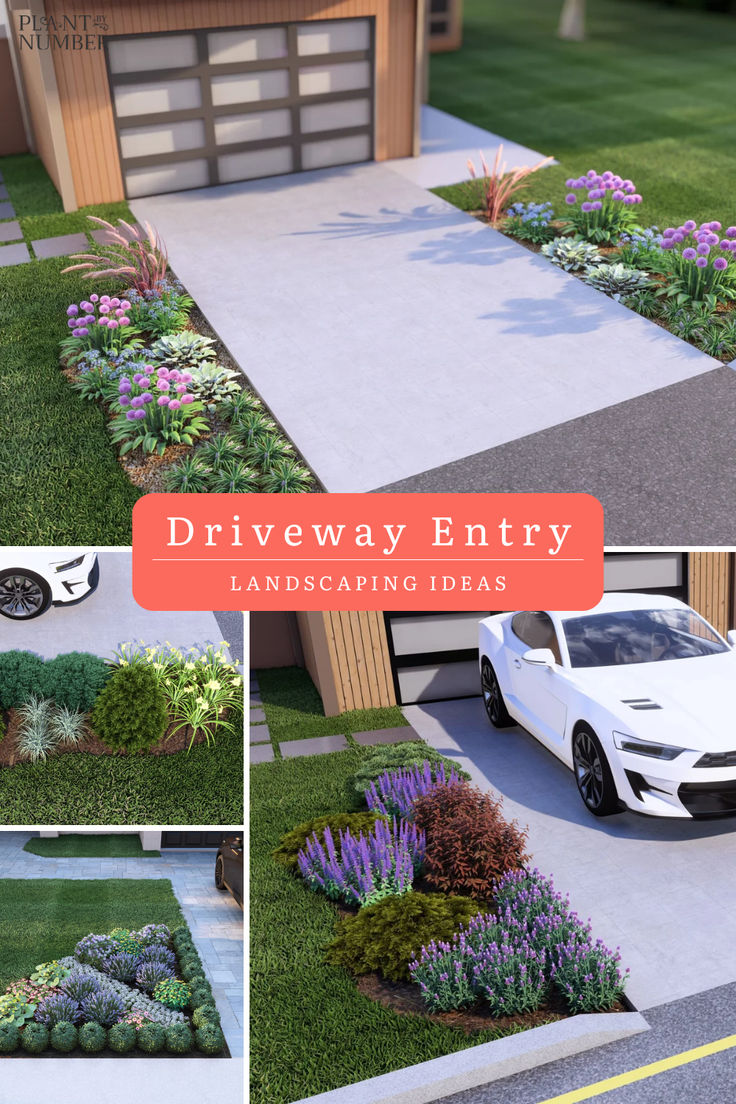 Driveway Entry Landscaping Landscape Ideas Along Driveway, End Of Driveway Flower Bed Ideas, Sidewalk Driveway Landscaping, Front Yard Landscaping Driveway Entrance, Shared Front Yard Landscaping, Driveway Lined With Plants, Landscaping Near Driveway, Along The Driveway Landscaping, Driveway Flowers Border