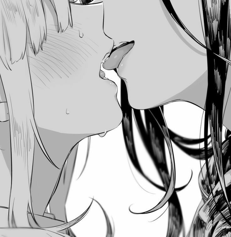 a drawing of a woman with long hair kissing another woman's face, while she has her eyes closed