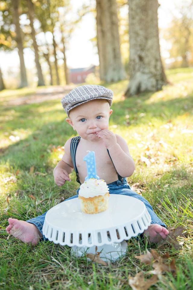 a baby sitting on the grass with a cupcake in front of him and his first birthday cake