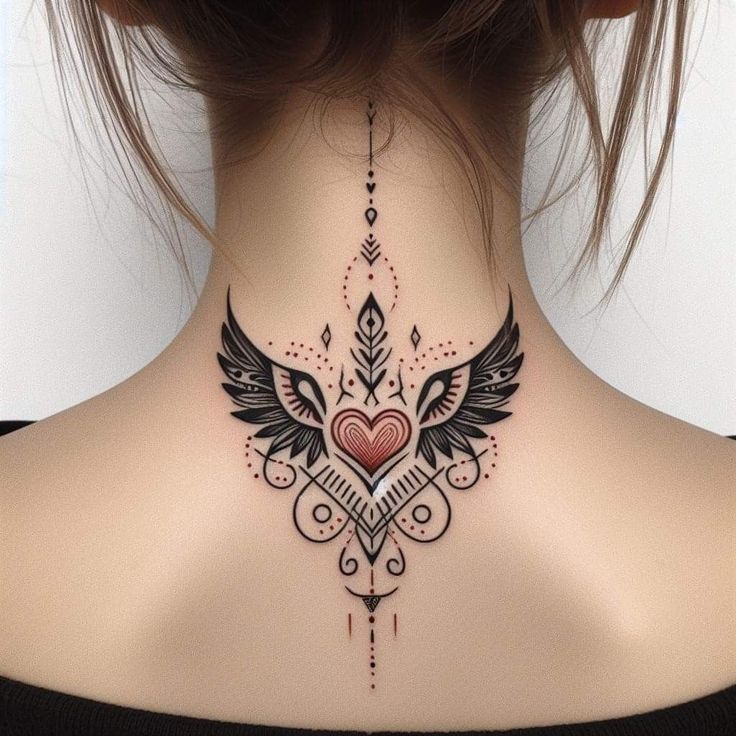 a woman's back neck with an intricate heart and wings tattoo on the side