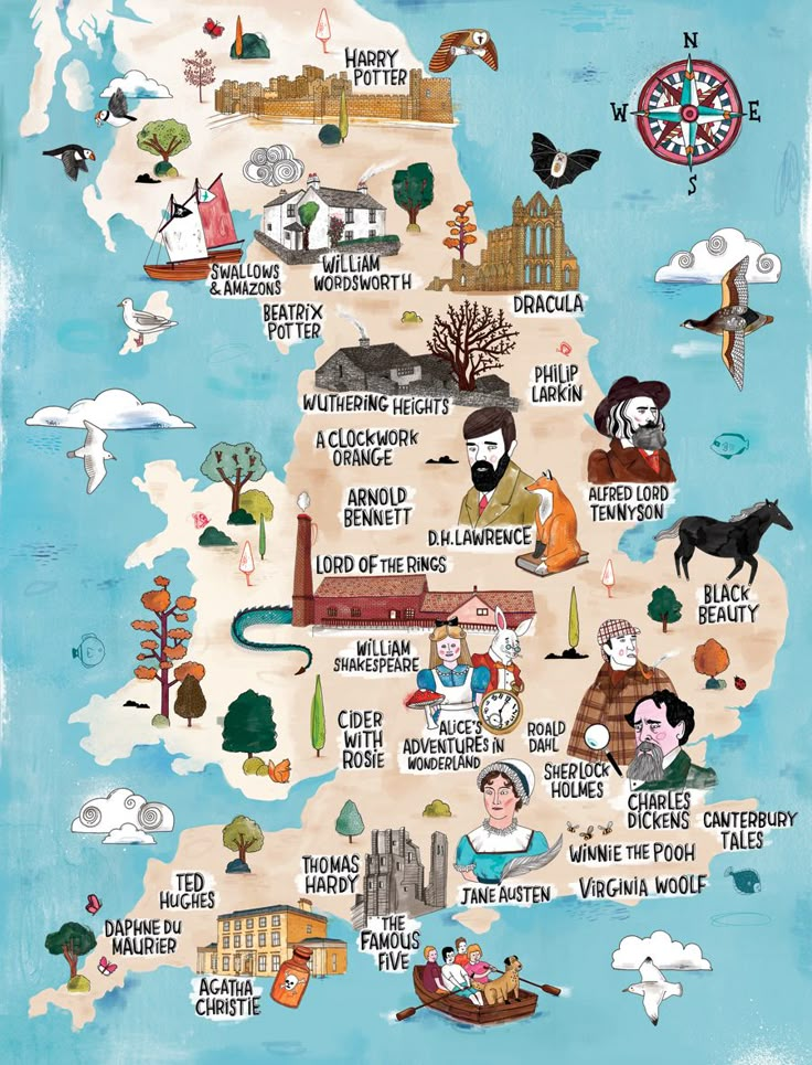 an illustrated map of the uk with different things on it