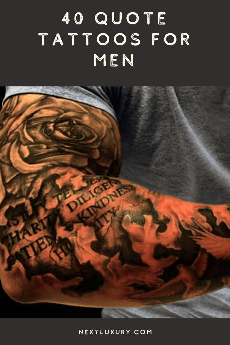 a man's arm with tattoos on it and the words 40 quote tattoos for men