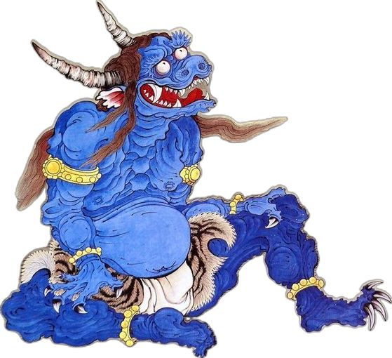 a drawing of a blue demon sitting on top of another creature