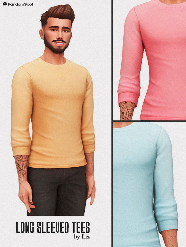 the man is wearing long sleeved tees in three different colors and sizes,