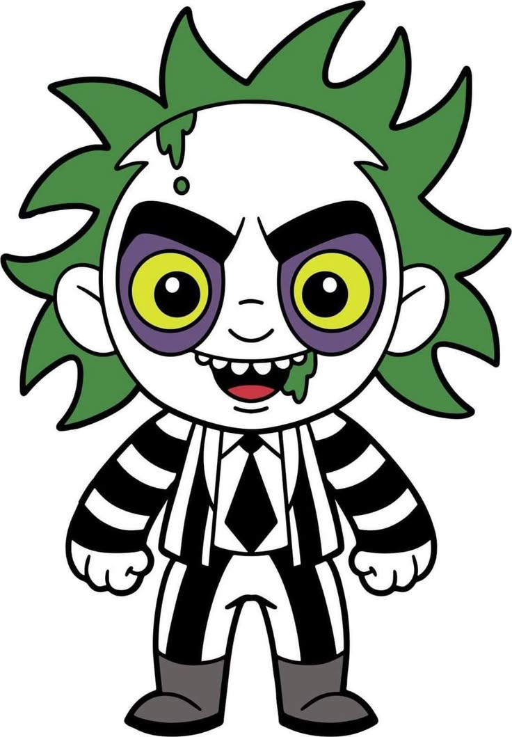 a cartoon character with green hair and yellow eyes