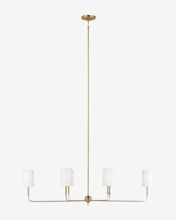 a brass chandelier with four white lamps hanging from the bottom and one light on top