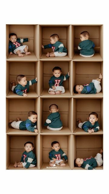 many baby dolls are arranged in small wooden boxes, all with different outfits and haircuts