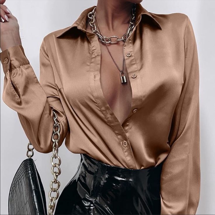 Satin Camel Silky Button Up Boyfriend Work Top S M L Xl, 100% Polyester, Ships In 7-8 Days Clothing Styles Ideas, Satijnen Blouses, Outfit Elegantes, Business Branding Inspiration, Satin Bluse, Silk Blouses, Elegant Office, Stylish Wardrobe, Satin Blouses