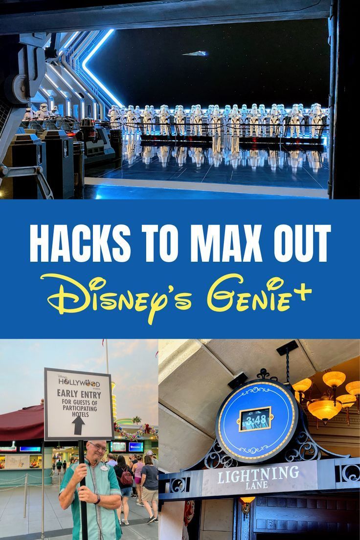 the entrance to disneyland's geniet with text that reads hacks to max out disney's geniet