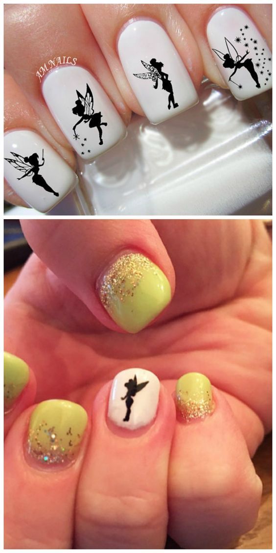 Disney Tinkerbell Nails, Tinker Bell Nails Acrylic, Tinkerbell Nail Art, Tinkerbell Nails Designs, Peter Pan Nails, Tinkerbell Nails, Tinkerbell Silhouette, Tinkle Bell, Bright Stickers