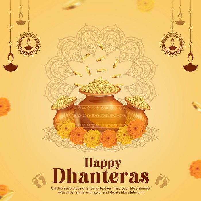 happy dhanteras greeting card with golden pot and flowers on yellow background for diwaling