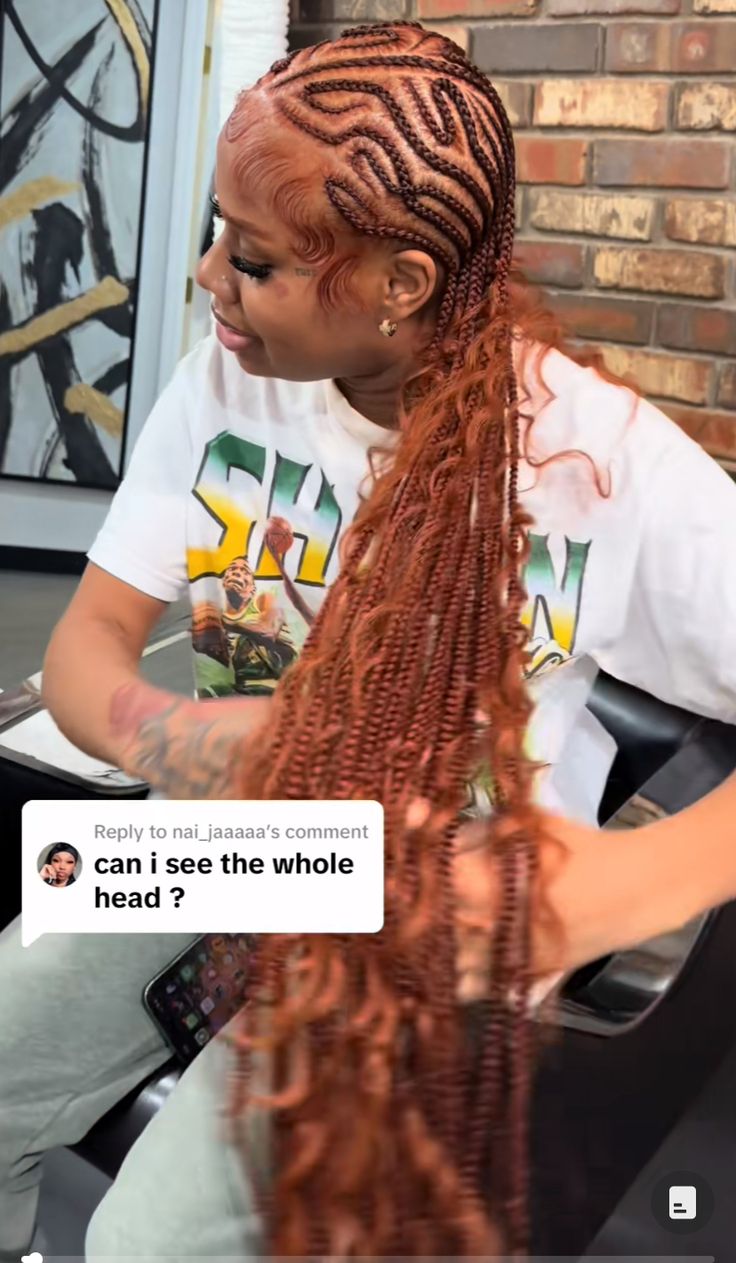 Honey Blonde Plaits, Brown Alicia Keys Braids, Orange Cornrows, Ginger Alicia Keys Braids, Alicia Keys Braids With Color, Alicia Keys Boho Braids, Ginger Braids Hairstyles, Orange Boho Braids, Ginger Straight Back Braids