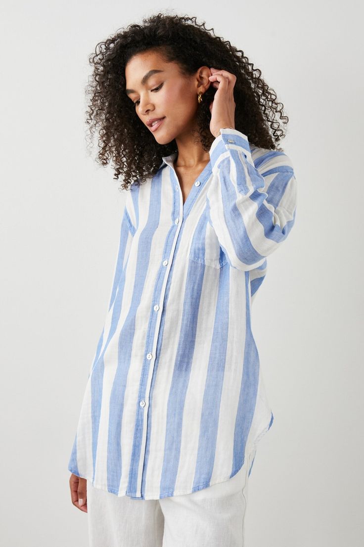 Oversized lightweight blue striped shirt from Rails Summer Blue Blouse With Striped Collar, Blue Blouse With Striped Collar In Relaxed Fit, Blue Blouse With Striped Collar And Relaxed Fit, Blue Shirt With Horizontal Stripes For Summer, Casual Vacation Top With Striped Collar, Casual Tops With Striped Collar For Vacation, Casual Top With Striped Collar For Vacation, Relaxed Striped Tops For Spring, Oversized Summer Shirt With Striped Collar