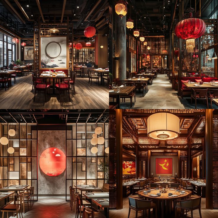 the inside of a restaurant with tables, chairs and lanterns hanging from the ceiling above