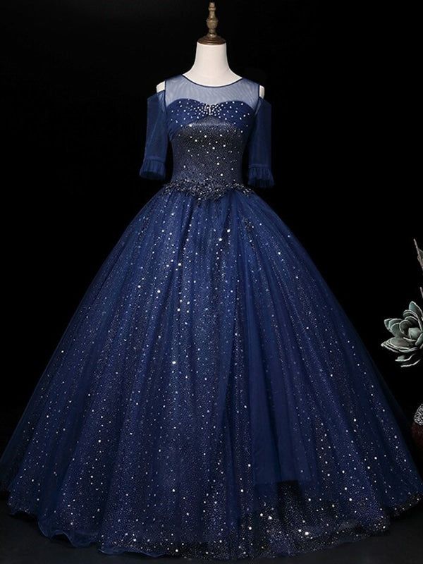 Grad Dresses Ball Gowns, Navy Blue Quinceanera Dresses Long Sleeve, Ball Gown Sparkle, Midnight Gown, Navy Blue Wedding Dress, Navy Blue Ball Gown, Cheap Quinceanera Dresses, Sequin Ball Gown, Quinceanera Planning