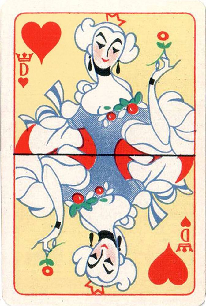 a playing card with an image of two women in white dresses and red hearts on them