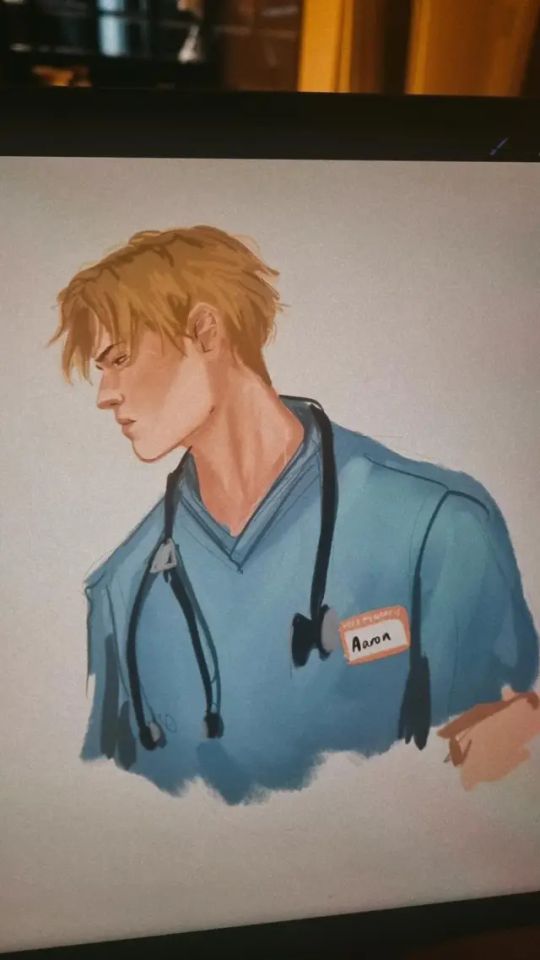 a drawing of a man in scrubs with a stethoscope on his shoulder