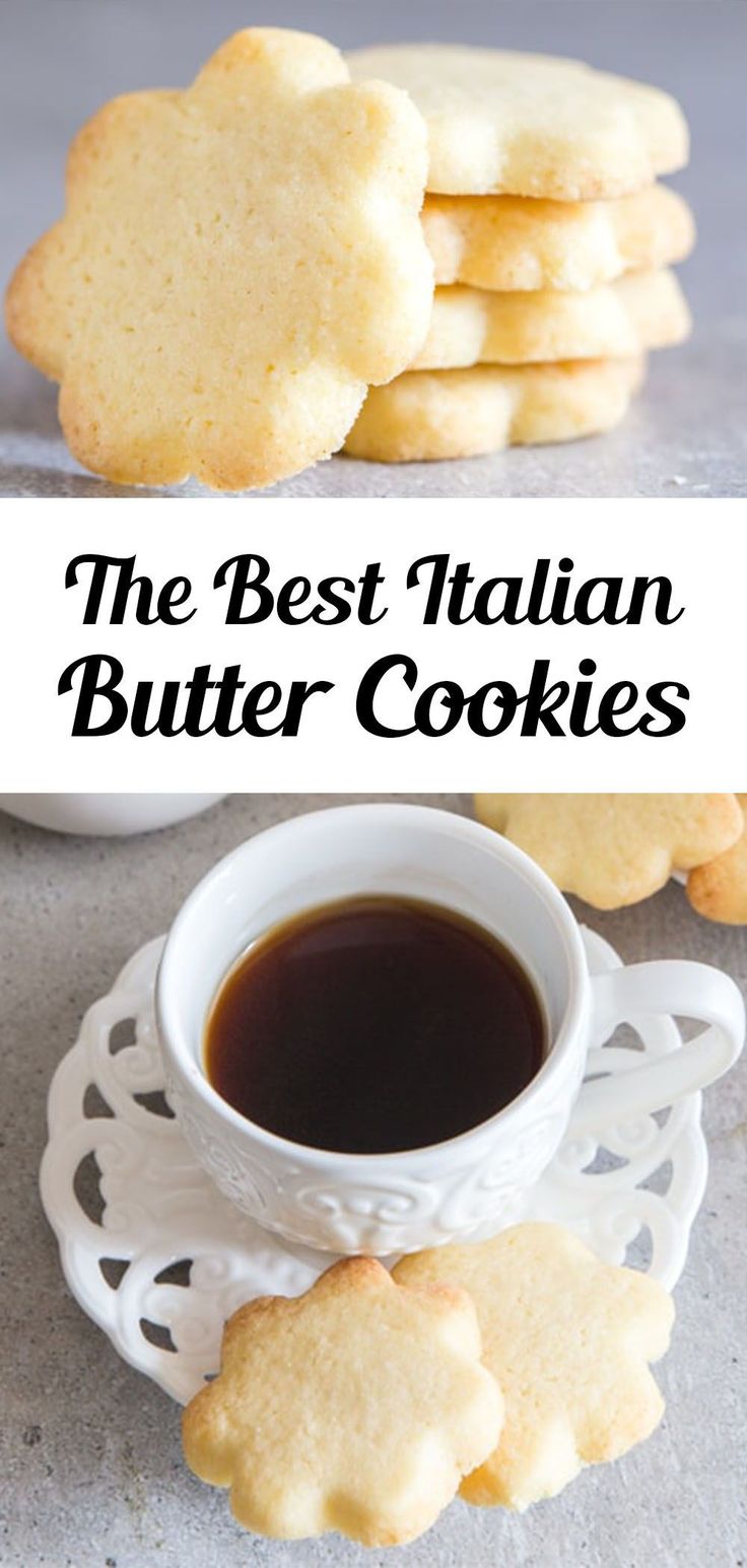 italian butter cookies on a white plate with a cup of coffee next to it and the recipe