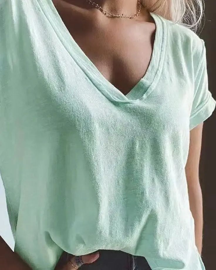 Lasaky - Casual Short Sleeve V-Neck T-Shirt Casual Green V-neck Short Sleeve Top, Casual V-neck Plain Top, Casual Solid Color V-neck Top For Summer, Green Relaxed Fit V-neck Top, Casual Solid Color V-neck T-shirt, Casual Green Solid Color T-shirt, Plain Cotton V-neck Top, V-neck T-shirt For Summer, Solid Color V-neck T-shirt For Summer