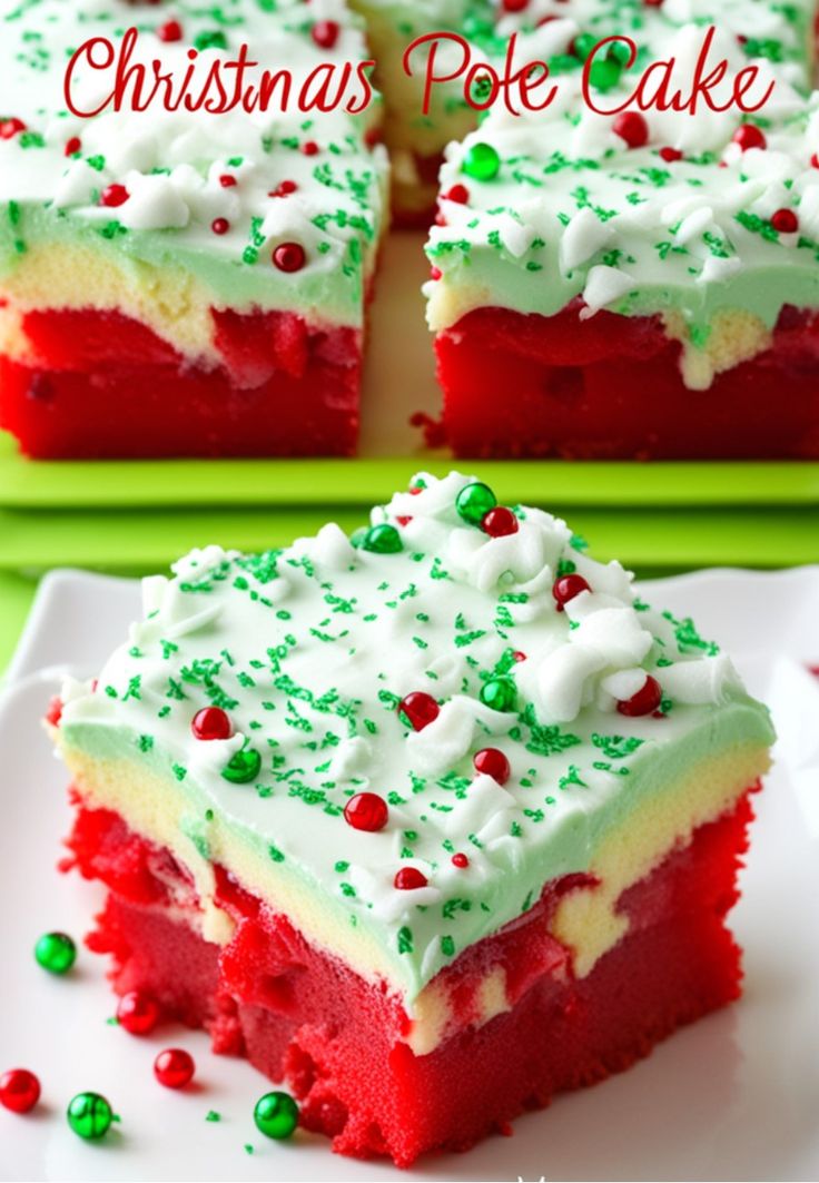 red velvet christmas poke cake with white frosting and green sprinkles