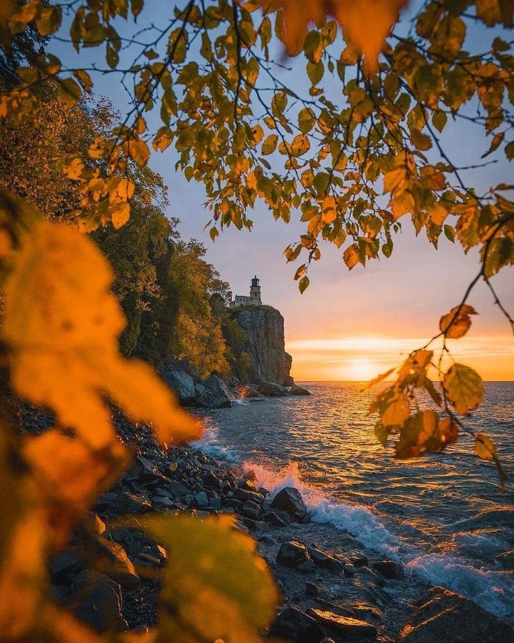 the sun is setting over the water and trees are in front of some rocks with leaves on them