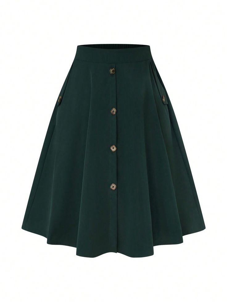 Plus Size Button-Up Flared Skirt Green Casual   Fabric Colorblock,Plain Flared Non-Stretch  Women Plus Clothing, size features are:Bust: ,Length: ,Sleeve Length: Plus Size Summer Casual, Plus Size Summer Fashion, Pleated Long Skirt, Casual Summer Shorts, Plus Size Summer, Plus Size Skirts, Elegant Dresses Long, Green Skirt, Boho Women