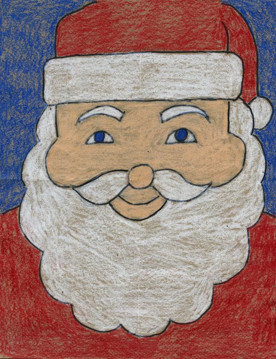 a child's drawing of a santa clause with blue eyes and a red beard