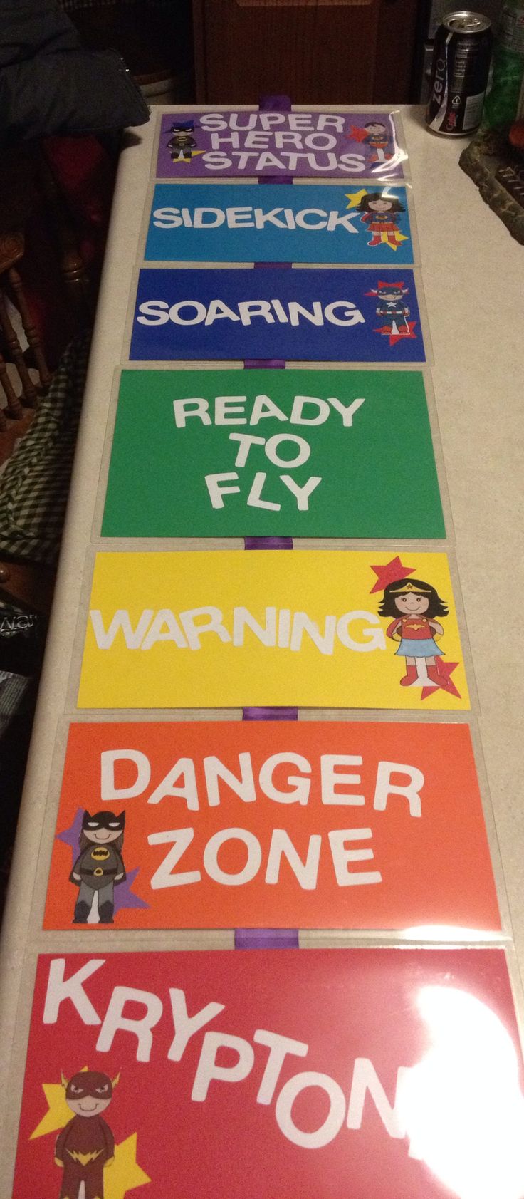 there are many signs on the table to help kids learn how to use them for safety