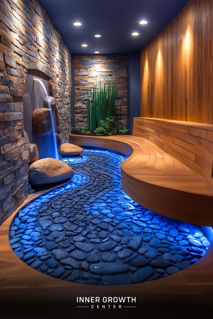 A serene indoor meditation space with a flowing blue water feature, stone walls, and wooden seating. Small Zen Room Ideas, Spiritual Room Meditation Space, Relaxation Room Ideas, Meditation Room Inspiration, Meditation Room Decor Ideas, Home Meditation Room, Zen Meditation Room, Meditation Room Ideas, Plant Walls