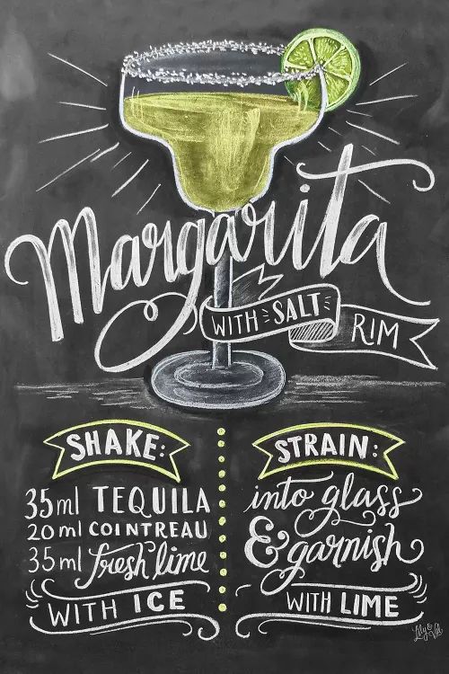 a chalkboard drawing of margarita with salt and lime on it, in front of a black background