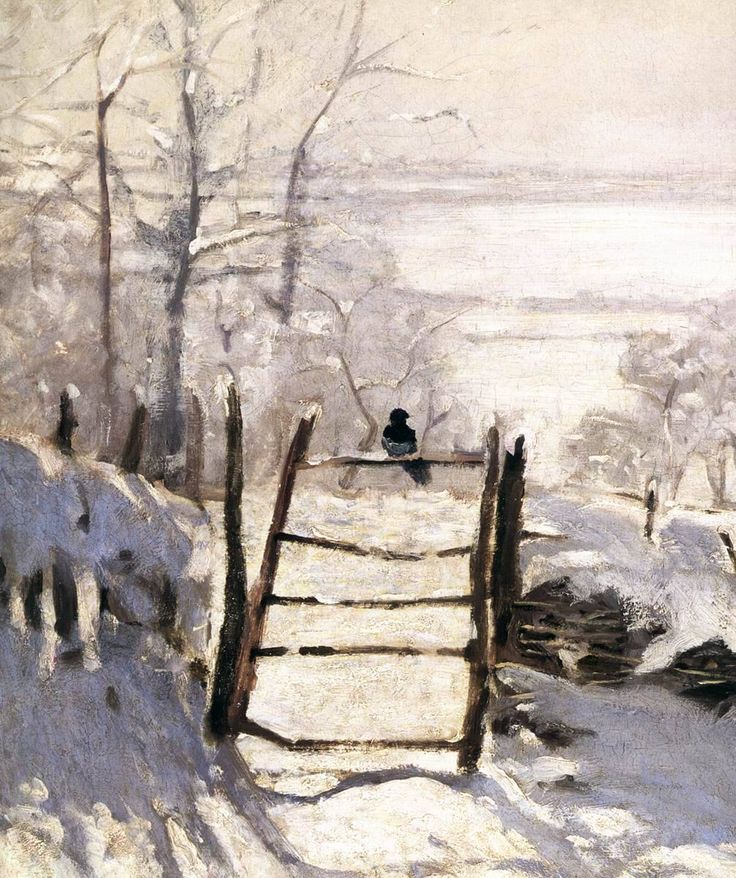 a painting of a person sitting on a bench in the snow near a fence and trees