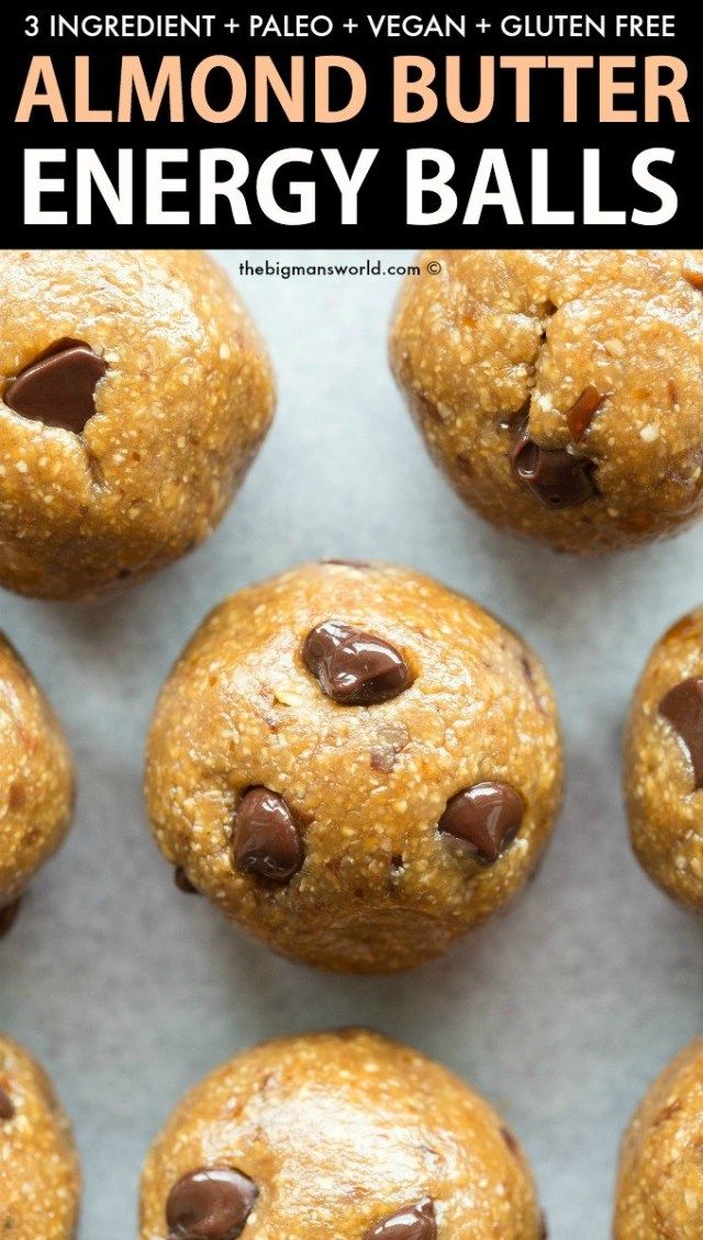 almond butter energy balls with chocolate chips on top and text overlay that reads, almond butter energy balls