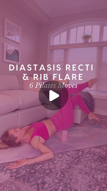 a woman is doing yoga in her living room with the words, diastasis recti & rib flare 6 piyas moves