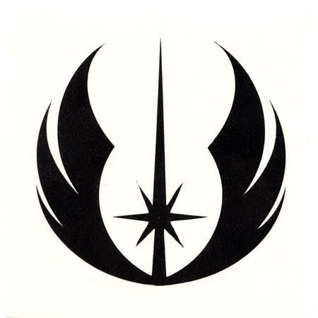 the star wars symbol is shown in black and white, with an arrow on it