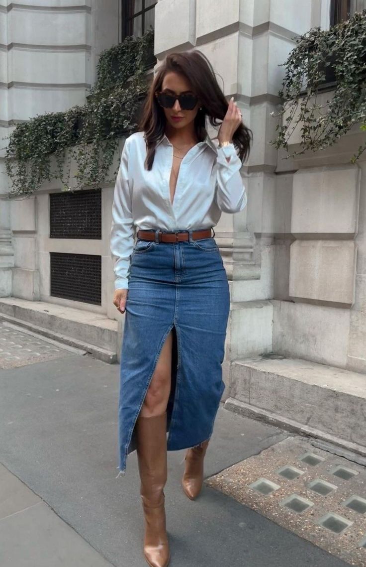 Stradivarius Denim Skirt, Midi Denim Skirt Outfit Fall, Jean Skirt Outfits Fall, Denim Skirt Outfit Fall, Denim Midi Skirt Outfit, Long Denim Skirt Outfit, Jean Skirt Outfits, Skirt Tulle, Skirt Outfits Fall