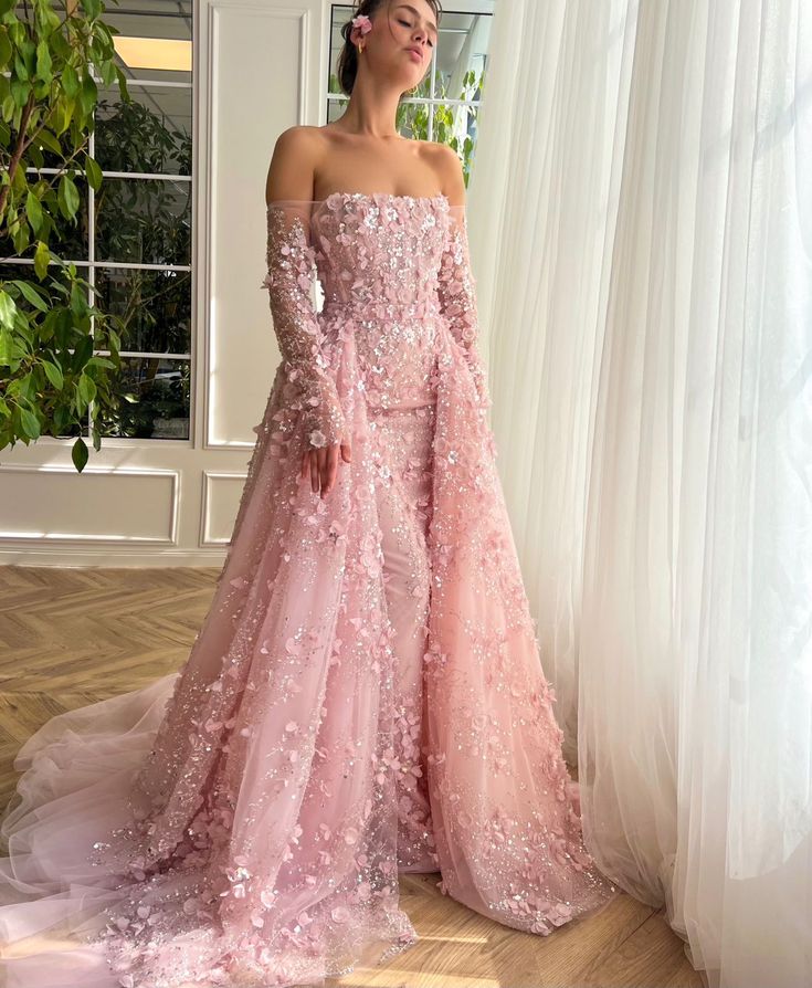 Royal Blooms Radiance Gown | Teuta Matoshi Pink Mermaid Gown, Teuta Matoshi, Pink Evening Gowns, Pink Evening Dress, Pink Gown, Amazing Dresses, Mermaid Evening Gown, Long Sleeve Prom, Floral Gown