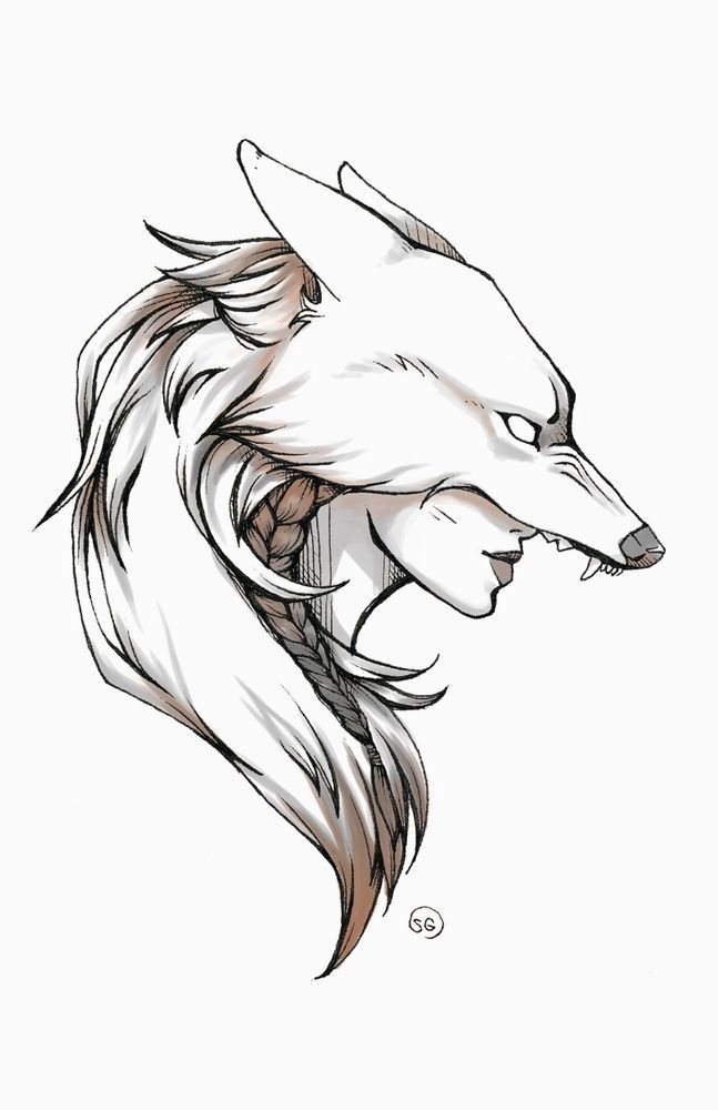 a drawing of a wolf's head with long hair