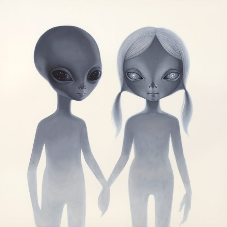 an alien couple holding hands in front of a white background